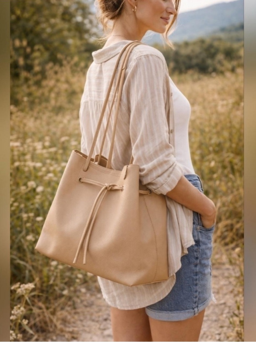 8 Other Reasons Faux Leather Slouchy Bucket Bag in a tan pebbled Drawstring Tote